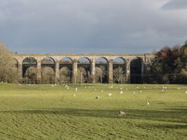 A field with sheep grazing and a stone arch bridge in the background at Belmont Bridge in Henlle