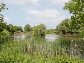 A lake surrounded by greenery and cottages at Willow Lodge At Bridge Lake Farm & Fishery, Chacombe