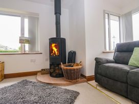 A living room with a wood stove and a rug at Sherriff, Troutbeck, near Keswick
