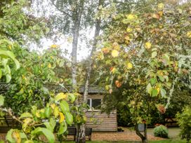 An exterior view with trees and a wooden house at Harvest Lodge in Wineham near Bolney
