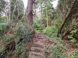 A garden with a staircase surrounded by greenery at Raincliffe Manor in Scarborough