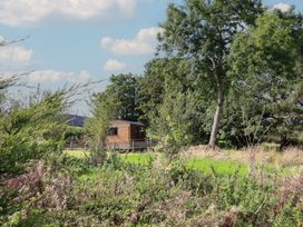 A cabin surrounded by trees and grass at Stag Lodge Pod in Llanfair Caereinion