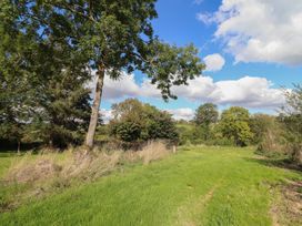 A grassy area with trees and clouds at Stag Lodge Pod in Llanfair Caereinion
