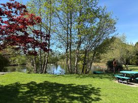 A grassy area with trees near a pond and picnic tables with a lifebuoy on a post at Garden Cottage in Garndolbenmaen near Tremadog