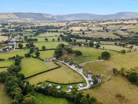 An aerial view of fields and trees at Hares Rest in Nantmel near Rhayader