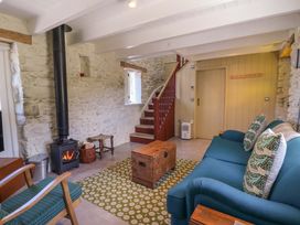 A living room with a stove and sofa at Dolwylan Barn in Cwmtydu near New Quay