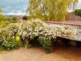 A garden area with white flowering plants on a wooden pergola and gravel ground at Tawny Owl Barn in Leintwardine