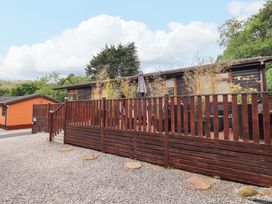 A wooden deck with potted plants and an umbrella fenced by wooden railings outside a dark wooden cabin at Pheasant's Nest in Kirkstone 11 Limefitt Park near Windermere