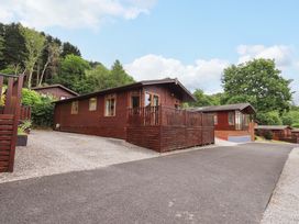 A paved road with wooden lodges on the side surrounded by trees at Pheasant's Nest in Kirkstone 11 Limefitt Park near Windermere