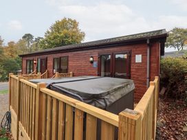 A wooden lodge with a hot tub and fenced outdoor area at Robin View Lodge Beckside 3, Limefitt Park near Windermere