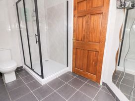 A bathroom with a shower, toilet and mirror at Tynewydd Fields in Cross Inn