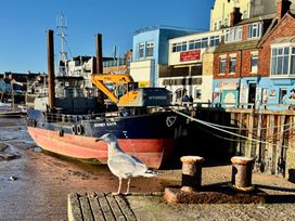 A boat docked at a pier with a seagull in foreground at Bobbies' Retreat, 20 High Street, Bridlington