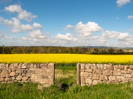 A stone wall with a yellow field and blue sky at Lupin Cottage Akeld near Wooler