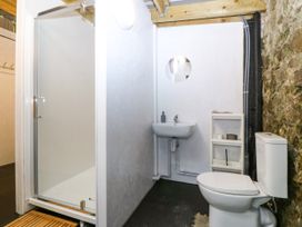 A bathroom with a shower a sink and a toilet at Gate House Capel Coch near Llanerchymedd