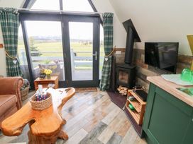 A living area with wooden table a wood stove tv and green kitchen cabinets at Buttercup Lodge in Misterton