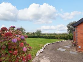 A garden with flowers, grass, and a path at Bethania, Cefn Coch near Llanrhaeadr-Ym-Mochnant