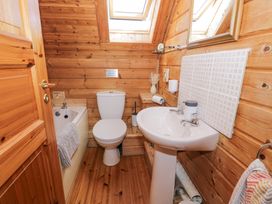 A bathroom with a toilet sink bathtub wooden walls and skylight windows at Sun View Lodge in Llanbedr