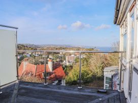 A balcony with glass and metal railing overlooking rooftops trees and a distant view of the sea at Flat 3 Channel View in Torquay