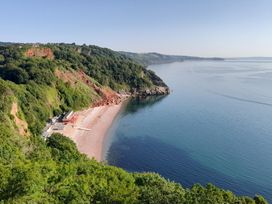 A coastal cliff with green trees and a small beach next to calm water at Saltwater Cottage in Babbacombe