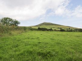A grassy landscape with a hill and tree at Cae Berllan in Mynytho near Pwllheli
