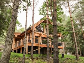 A wooden cabin with a raised porch among trees in a forest at Pine Marten Lodge in Dulnain Bridge near Nethy Bridge