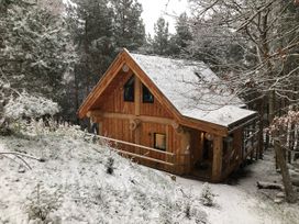 A wooden cabin with a snow-covered roof surrounded by snow and trees in a forested area at Pine Marten Lodge Dulnain Bridge near Nethy Bridge