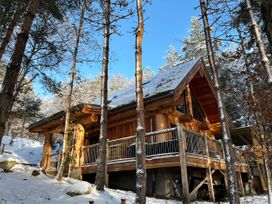 A wooden cabin in a snowy forest with a deck and railing at Pine Marten Lodge in Dulnain Bridge near Nethy Bridge