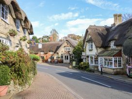 A street with stone and thatch roof buildings and hanging flower baskets at Rookley Lake Cottage in Rookley near Godshill