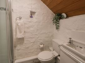 A bathroom with a shower, sink, and toilet at Sycamore Vestry, Pontfaen near Fishguard
