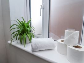A bathroom window with a plant, towel, and toilet paper at 24 Baxtergate in Whitby
