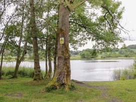 A view of a lake with trees and a warning sign at Low Dow Crag in Coniston