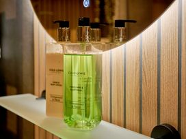 A bathroom shelf with hand and body lotion and body wash at Riverside Park 3 in Keswick