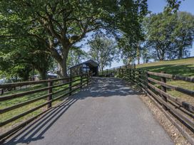 A pathway leading to a shelter surrounded by trees at Oak Tree View Nantmel near Rhayader