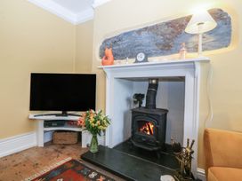 A living room with a fireplace and television at Maenllwyd in Borth-Y-Gest near Porthmadog