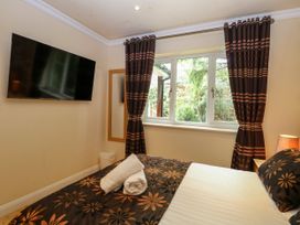 A bedroom with a television and a window at Birch Cottage in Brundall