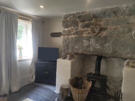 A living room with a television and wood stove at Islwyn in Llanuwchllyn near Bala