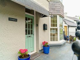 A house entrance with a green door and flowerpot at Y Graiglwyd Bull Bay near Amlwch