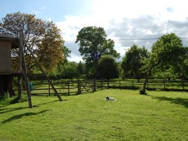 A garden with a tree house and a dog at Dryslwyn Cottage in Llandeilo