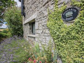 A stone wall with a house sign and plants at Buzzards Breg in Builth Wells