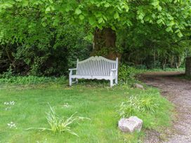 A white wooden bench under a large tree next to a gravel path in a garden
