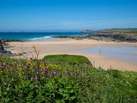 A beach with water, rocks, and flowers at Trelowen St Issey near Padstow