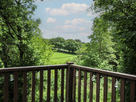 A view from a wooden balcony overlooking a green field and trees at Hideaway Cottage in St Ann's Chapel, Cornwall