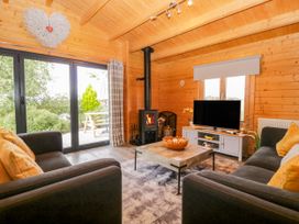 A living room with a wood stove and television at Howgills Retreat in Gatebeck near Kirkby Lonsdale