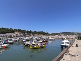 A harbor with boats and houses at Gosling Way in Lyme Regis