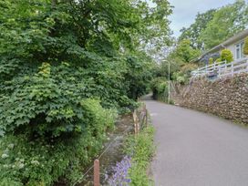 A road beside a stream with trees and a house at High Trees in Lyme Regis