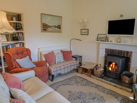 A living room with a fireplace a burning stove a television sofas an armchair a bookshelf and paintings at Lynch Cottage in Rousdon