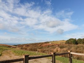 A rural landscape with grassy fields and a dirt path visible behind a wooden fence at Penpethy Farm in Tintagel