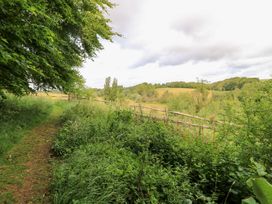 A path leading through greenery with a fence in the background at Pudding Hill Barn Cottage, Bibury