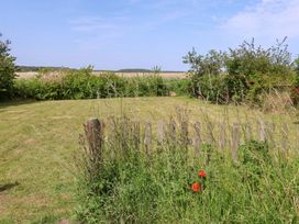 A garden with grass and a wooden fence at Seadrift in Dunwich Near Westleton