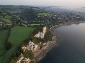 A coastal landscape with white cliffs green fields and houses near the shore at The Beach House in Beer